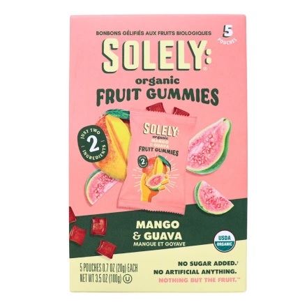Front of Solely Organic Mango and Guava Gummies - Fruit Snacks - Jelly Gummies - Fruity Snacks