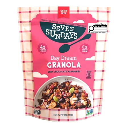 Front of Seven Sundays Grain Free Granola Day Dream Mix Dark Chocolate Raspberry - Healthy Gluten Free Cereal - Best Gluten Free Cereals - Healthy Breakfast Cereal