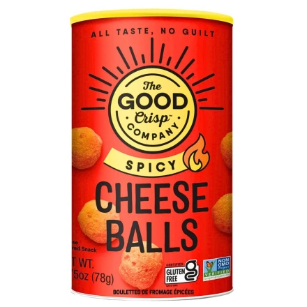 Front of The Good Crisp Company Cheese Balls Spicy - Cheese Crackers Gluten Free - Cheddar Cheese Balls - Healthy Cheese Puffs