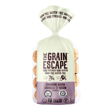 Front of The Grain Escape Grain Free Bagel Gluten Free Bagel Vegan Bagel Low-FODMAP Bagel Paleo Bagel Cinnamon Raisin
