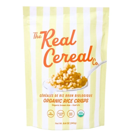 Front of The Real Cereal Company's Organic Rice Crisps - Brown Rice Cereal - Crispy Brown Rice Ceral - Gluten Free Rice Krispies - Brown Rice Rice Krispies - Crisp Rice Cereal