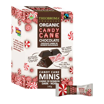 Front of Theobroma Chocolate Organic Dark Chocolate Peppermint Candy Cane 