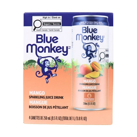 Front of Blue Monkey No Sugar Added Sparkling Juice Mango 4-Pack Canada - Mango Sparkling Drink - Fruit Juice Sparkling - Tropical Juice Canada