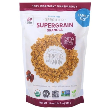 Front of One Degree Organic Foods Family Size Gluten-Free Sprouted Granola Supergrain - Gluten-Free Granola - One Degree Granola - Sprouted Oats