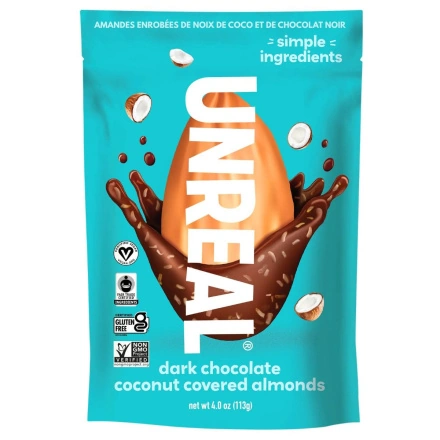 Front of Unreal Dark Chocolate Coconut Almonds Dark Chocolate Covered Almonds - Dark Chocolate Almonds - Almonds With Dark Chocolate