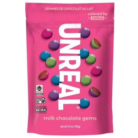 Front of Unreal Milk Chocolate Gems - Fair trade chocolate canada -
Healthy chocolate candy options - Healthy chocolate