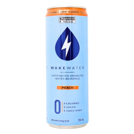 Front of WakeWater Caffeinated Sparkling Water Caffeine Water Energy Water Peach