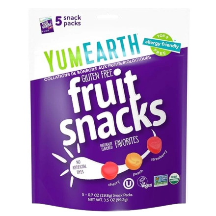 Front of YumEarth Organic Fruit Snacks Favourites - Vegan Gummies - Gelatin Free Gummies - Healthy Gummies